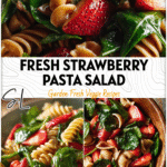 Vibrant bowl of Salad Pasta with spinach leaves and sliced strawberries mixed for a fresh summer look. 26